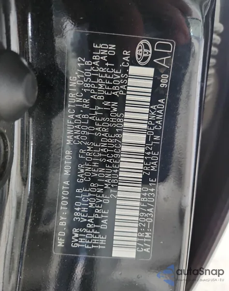 2012 Toyota Corolla Base from USA, damaged, VIN 2T1BU4EE9CC781085